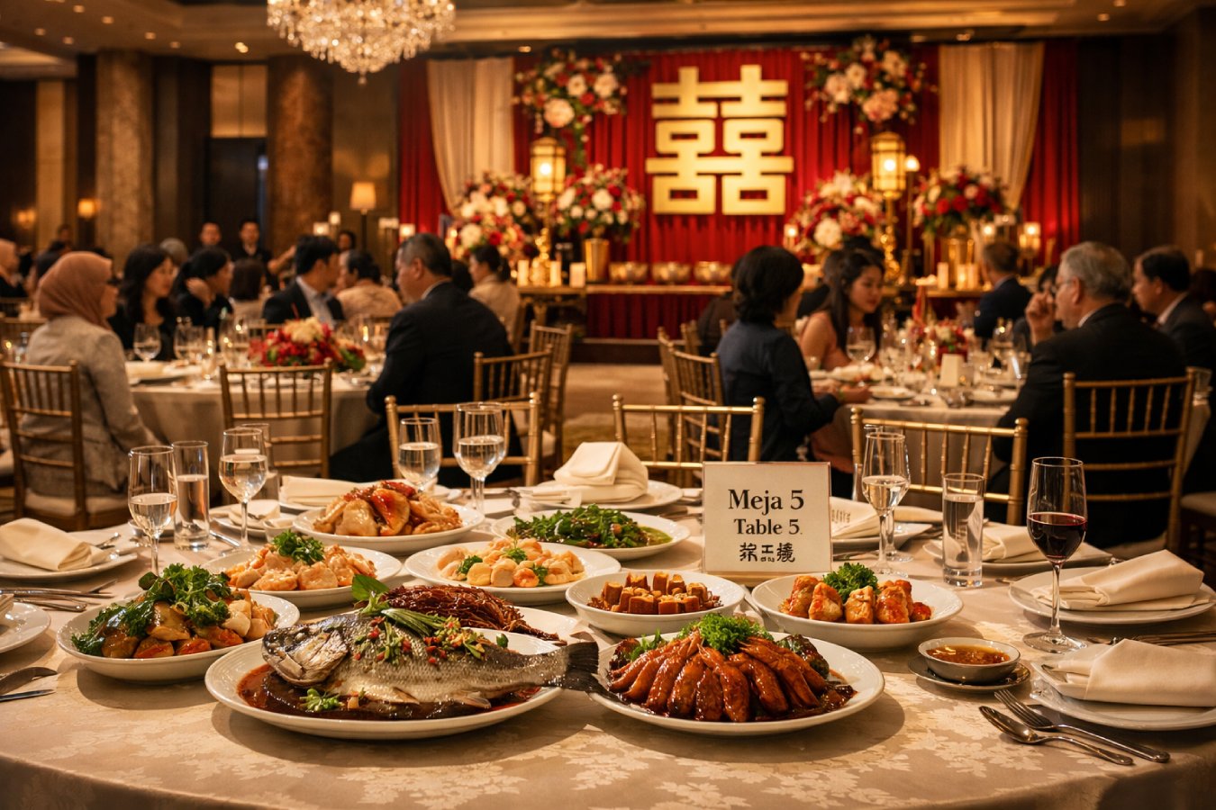 Luxury Chinese wedding banquet catering setup in a Kuala Lumpur hotel by premium wedding caterer Malaysia The Big Rajah.